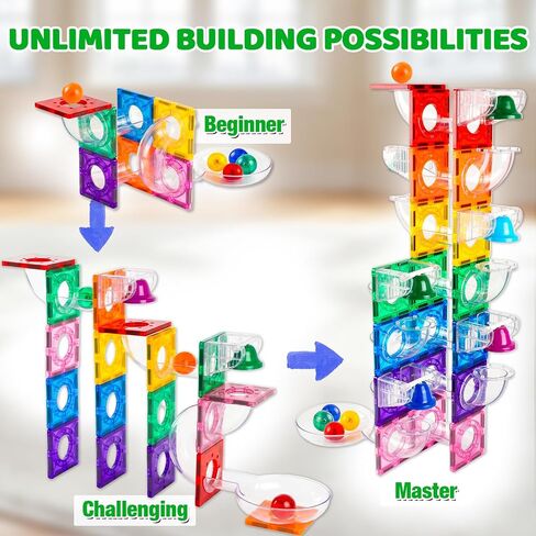 Bmag Magnetic Marble Run Set with Happy Birthday Sound Bell 73Pcs, Designed with Creative Curved Tunnels for STEM Educational Support, Birthday Gift for Boys & Girls Ages 3+ in Kuwait
