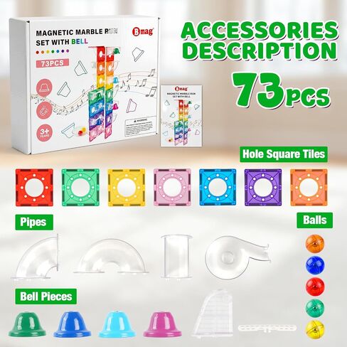Bmag Magnetic Marble Run Set with Happy Birthday Sound Bell 73Pcs, Designed with Creative Curved Tunnels for STEM Educational Support, Birthday Gift for Boys & Girls Ages 3+ in Kuwait
