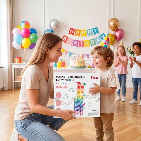 Bmag Magnetic Marble Run Set with Happy Birthday Sound Bell 73Pcs, Designed with Creative Curved Tunnels for STEM Educational Support, Birthday Gift for Boys & Girls Ages 3+ in Kuwait