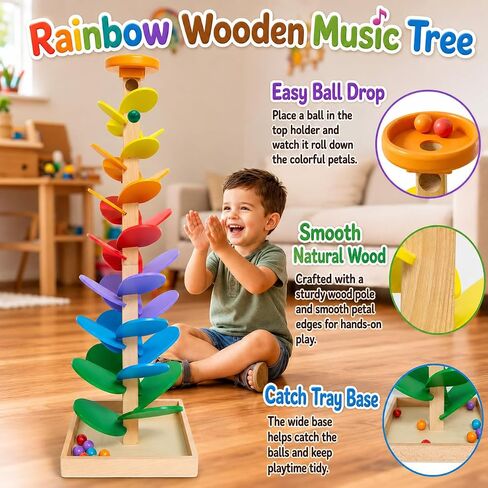 Wooden Marble Run Music Tree: Montessori Toys for Kids 3+ Year Old, Cause and Effect Marble Ball Run Learning Game with 12 Balls, Wood Color Sorting Toys for 4-8 Boys and Girls Birthday in Saudi Arabia