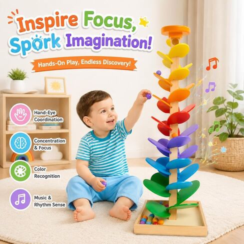 Wooden Marble Run Music Tree: Montessori Toys for Kids 3+ Year Old, Cause and Effect Marble Ball Run Learning Game with 12 Balls, Wood Color Sorting Toys for 4-8 Boys and Girls Birthday in Saudi Arabia