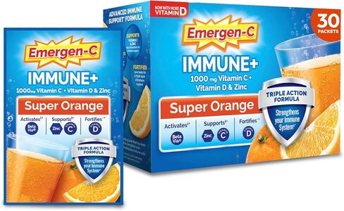 Emergen-C Immune+ Triple Action Immune Support Powder, BetaVia (R), 1000mg Vitamin C, B Vitamins, Vitamin D and Antioxidants, Super Orange – 30 Count (Pack of 1) in Kuwait
