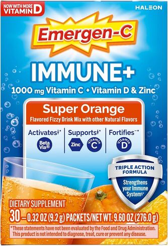 Emergen-C Immune+ Triple Action Immune Support Powder, BetaVia (R), 1000mg Vitamin C, B Vitamins, Vitamin D and Antioxidants, Super Orange – 30 Count (Pack of 1) in Kuwait