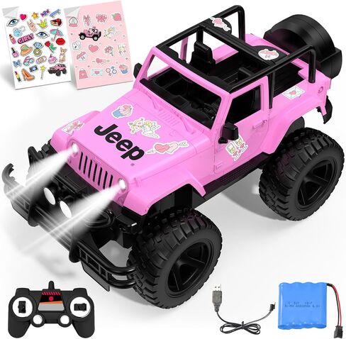 DOUBLE E Official Jeep Licensed 1:14 Scale Pink Remote Control Car, Open Top RC Jeep with 2 DIY Sticker Sheets, 2.4GHz RC Off-Road Vehicle with LED Headlights, Birthday Gift for Girls Ages 6+ in Saudi Arabia