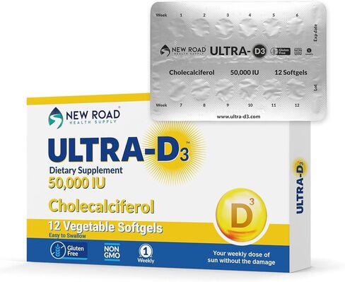 ULTRA-D3 New Road Health Supply، فيتامين D3 50.000 وحدة دولية، كبسولة هلامية أسبوعية من فيتامين D للعظام والأسنان ودعم المناعة، خالية من الغلوتين، 12 قطعة in Kuwait