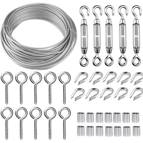 TooTaci String Light Hanging Kit,304 Stainless Steel M5 Turnbuckle Wire Tensioner Kit,1/16 Vinyl Coated Stainless Steel Cable Wire Rope 165ft Light Guide Wire Metal Cable for Outdoor Hanging in Kuwait
