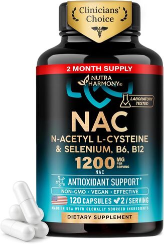 مكمل NAC - N-Acetyl L-Cysteine ​​- صنع في الولايات المتحدة الأمريكية - 1200 مجم لكل وجبة، 120 كبسولة نباتية - مضادات الأكسدة ودعم المناعة والغدة الدرقية - مُحسّن باستخدام السيلينيوم وB6 وB12 - N Acetyl L Cysteine ​​غير المعدل وراثيًا in Kuwait
