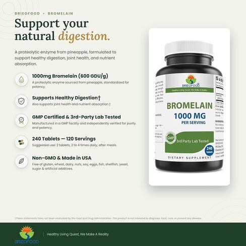 Brieofood Bromelain 1000mg لكل وجبة 240 قرصًا - إنزيم هضمي بروتيني - يدعم الهضم الصحي وصحة المفاصل وامتصاص العناصر الغذائية in Kuwait