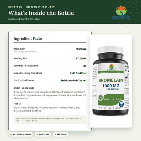 Brieofood Bromelain 1000mg لكل وجبة 240 قرصًا - إنزيم هضمي بروتيني - يدعم الهضم الصحي وصحة المفاصل وامتصاص العناصر الغذائية in Kuwait