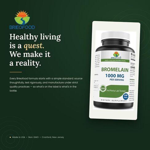 Brieofood Bromelain 1000mg لكل وجبة 240 قرصًا - إنزيم هضمي بروتيني - يدعم الهضم الصحي وصحة المفاصل وامتصاص العناصر الغذائية in Kuwait