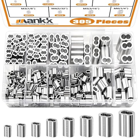 mankk 322 Pcs Aluminum Crimping Loop Sleeve 8 Sizes (3/64'' 1/16'' 5/64'' 3/32'' 1/8'' 5/32'' 3/16'' 1/4'') Wire Rope Sleeves Double Cable Ferrules Kit M-109-322 in Kuwait