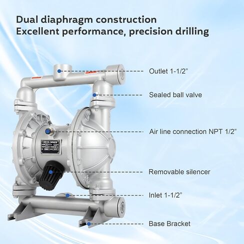 Air Operated Double Diaphragm Pump 1/2 inch Inlet Pneumatic Waste Oil Transfer Pump for Chemical QBK-15 10 GPM Dual Diaphram Polypropylene Nitrile Rubber by Stainless Steel Plastic Max 100 PSI in Kuwait