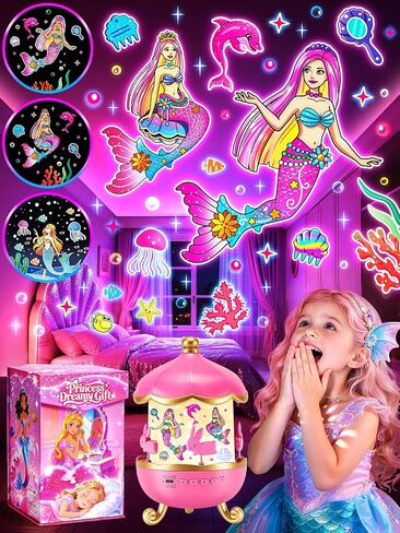 Little Mermaid Toys, 15 Soothing Sounds+18 Films+378 Colors Kids Night Light Projector, 360°+Remote+Cordless+Pink Mermaid Birthday Gifts for Girls, Princess Toys Princess Room Decor[Dreamy Packaging] in Kuwait