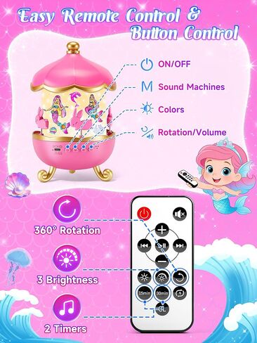 Little Mermaid Toys, 15 Soothing Sounds+18 Films+378 Colors Kids Night Light Projector, 360°+Remote+Cordless+Pink Mermaid Birthday Gifts for Girls, Princess Toys Princess Room Decor[Dreamy Packaging] in Kuwait