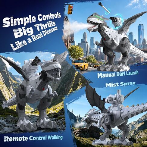Remote Control Robot Dinosaur Toy with Mist Spray & Roaring Sound, 2.4Ghz Mech Dino Walking RC Toys with Manual Dart Launcher, Cool Best Gifts for Boys Girls Ages 3 4 5 6 7 8 (White) in Kuwait