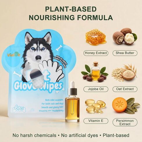 4-in-1 Pet Grooming Glove Wipes – Deshedding, Cleaning, Massage & Coat Care – Removes Loose Fur, Dirt & Odor – Honey, Shea Butter & Oat – 5X Moisture – Waterless Dog & Cat Bath in Kuwait