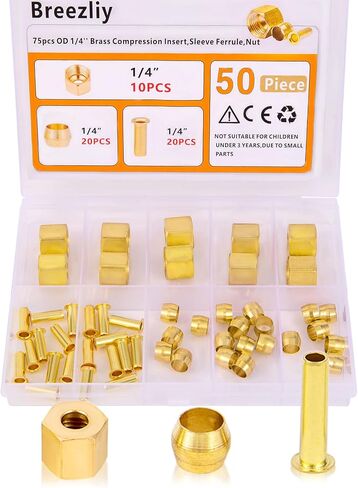 Compression Fittings Assortment kit-6 Sizes(1/8"3/16" 1/4" 5/16" 3/8" 1/2") Brass Compression Sleeves Ferrules & Insert,used to connect lines for air,water,fuel,oil and inert gases in Kuwait
