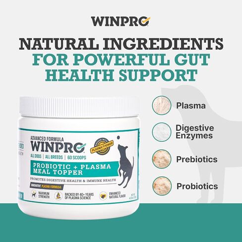 WINPRO Dog Probiotic Powder Meal Topper, Spray Dried Plasma with Prebiotics and Probiotics for Digestive Support and Gut Health for Dogs, All Breeds, Ages, and Sizes, 60 Scoops, Made in USA in Kuwait
