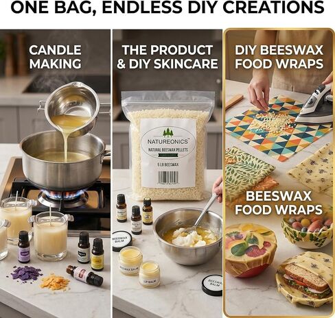 NATUREONICS White Beeswax Pellets 5 lb - 100% Pure & Natural Beeswax Pastilles, Triple Filtered Premium Grade Bulk Beads for Candle Making, DIY Beeswax Wraps, Lip Balm, Skin Care & Soap (80 oz) in Saudi Arabia