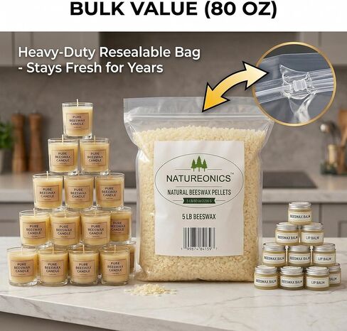 NATUREONICS White Beeswax Pellets 5 lb - 100% Pure & Natural Beeswax Pastilles, Triple Filtered Premium Grade Bulk Beads for Candle Making, DIY Beeswax Wraps, Lip Balm, Skin Care & Soap (80 oz) in Saudi Arabia