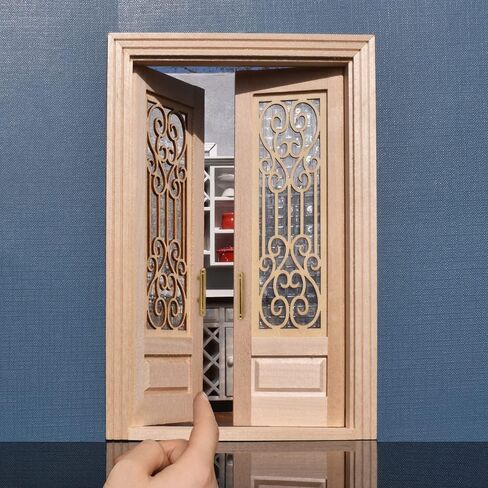 iLAND Dollhouse Door on 1 12 Scale, Unfinished Paintable Wooden Door w/ 3D Windowpane Reflecting Rainbow Light & Golden Metal Handles, Miniature Building Supplies Dollhouse Furniture & Decor in Kuwait