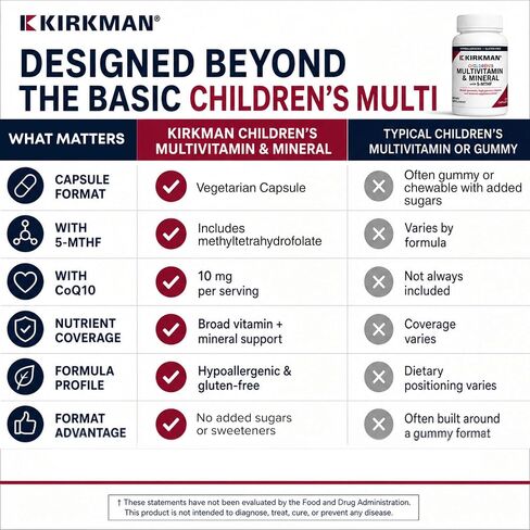 Kirkman - Kids Multivitamin and Mineral Capsules - with Vitamin C and D3 - No Casein, Gluten, Soy, Colors or Flavors - Great for Immune Support and Bone Health, 120 Capsules in Kuwait