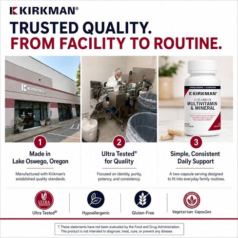 Kirkman - Kids Multivitamin and Mineral Capsules - with Vitamin C and D3 - No Casein, Gluten, Soy, Colors or Flavors - Great for Immune Support and Bone Health, 120 Capsules in Kuwait