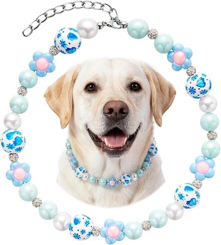 Flower Beaded Dog Collar Colorful Dog Beaded Necklace Collar Adjustable Pearl Necklace for Small Medium Large Dogs Pet Accessories for Wedding Birthday Party Prop (Pink, S) in Kuwait
