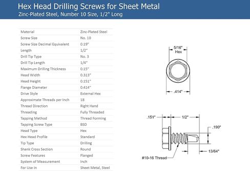 #10 x 3/4'' Hex Washer Head Self-Drilling Tek Screw Zinc Plated Steel for Attaches Sheet Metal Steel or Steel to Metal - Box of 100 in Kuwait