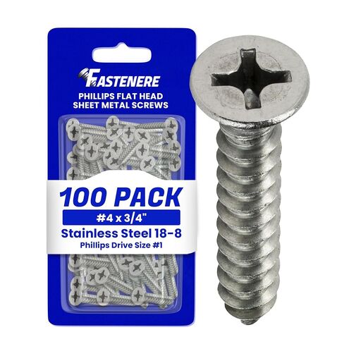 #4 x 3/4" Flat Head Sheet Metal Screws, Phillips Drive, Stainless Steel 18-8, Full Thread, Bright Finish, Self-Tapping, Quantity 100 by Fastenere in Kuwait