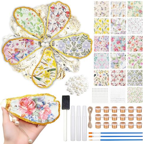 16 Set Large Oyster Shells for Crafts Kit 4"-5" White Natural Shells with Holes Included 32 Pcs Flower Paper Napkin Brushes Gold Acrylic Paint Strips Stickers and White Plastic Pearl for DIY Ornament in Kuwait