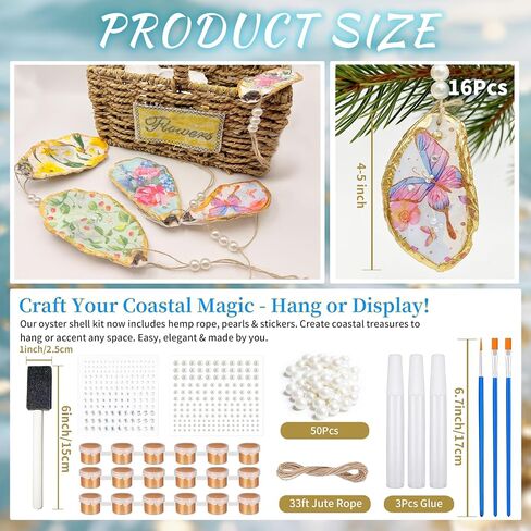 16 Set Large Oyster Shells for Crafts Kit 4"-5" White Natural Shells with Holes Included 32 Pcs Flower Paper Napkin Brushes Gold Acrylic Paint Strips Stickers and White Plastic Pearl for DIY Ornament in Kuwait