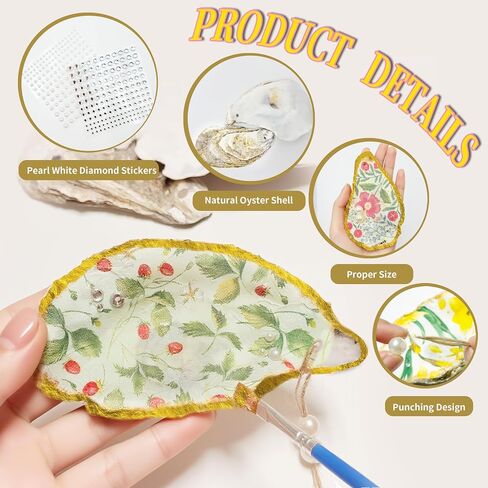 16 Set Large Oyster Shells for Crafts Kit 4"-5" White Natural Shells with Holes Included 32 Pcs Flower Paper Napkin Brushes Gold Acrylic Paint Strips Stickers and White Plastic Pearl for DIY Ornament in Kuwait