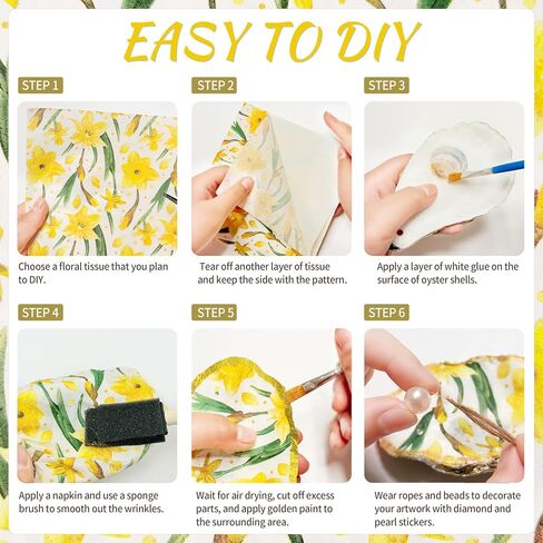 16 Set Large Oyster Shells for Crafts Kit 4"-5" White Natural Shells with Holes Included 32 Pcs Flower Paper Napkin Brushes Gold Acrylic Paint Strips Stickers and White Plastic Pearl for DIY Ornament in Kuwait