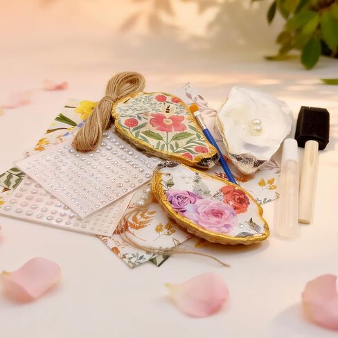 16 Set Large Oyster Shells for Crafts Kit 4"-5" White Natural Shells with Holes Included 32 Pcs Flower Paper Napkin Brushes Gold Acrylic Paint Strips Stickers and White Plastic Pearl for DIY Ornament in Kuwait
