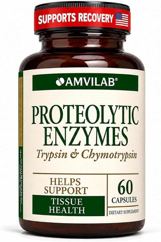 AMVILAB Proteolytic Enzymes: Trypsin & Chymotrypsin, Proteolytic Enzymes Supplement, Supports Tissue Health, Reduces Edema & Inflammation Caused by Tissue Injury, Fast Recovery - 60 Capsules in Kuwait