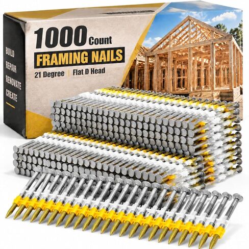 Framing Nails, 21 Degree, Flat D Head, Galvanized, Ring Shank, Plastic Row Fixed, 21 Degree Framing Nails for Use in All Pressure Treated Lumber (1000 Count,2 Inch x 0.113 Inch) in Kuwait
