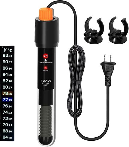 PULACO 50Watt Aquarium Heater for 6-15 Gallon Fish Tank, Adjustable Submersible Heater Thermostat with Thermometer Strip and Suction Cup in Kuwait