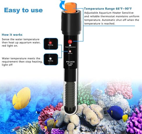 PULACO 50Watt Aquarium Heater for 6-15 Gallon Fish Tank, Adjustable Submersible Heater Thermostat with Thermometer Strip and Suction Cup in Kuwait