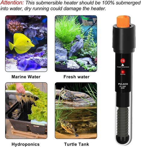 PULACO 50Watt Aquarium Heater for 6-15 Gallon Fish Tank, Adjustable Submersible Heater Thermostat with Thermometer Strip and Suction Cup in Kuwait