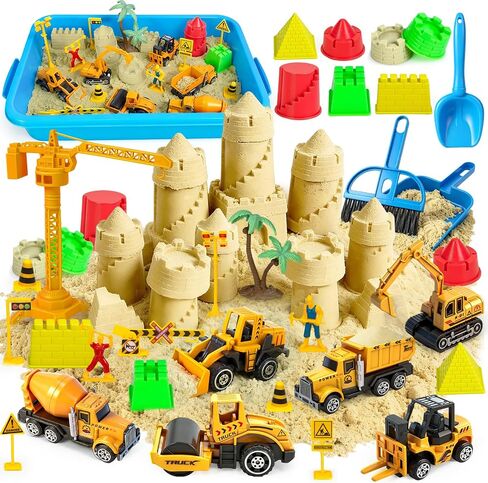 Bin Sensory Sensory Bin ، الأطفال يلعبون رمل رمل رمل رمل مع رمل سحري 2.2 رطل ، قوالب ، مجرفة ، ألعاب شاحنات البناء 6pcs ديكاست ، رافعة ، صندوق رمل حسي مع غطاء للأولاد الصغار في سن 3-8 in Kuwait