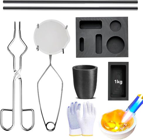 Luxiys 9 PCS Graphite Torch Melting Casting Kit, Including Graphite Casting Ingot Mould, Quartz Cup, 2 Crucible Stir Stick, Graphite Crucible, A Pair of Gloves, Suitable for Melting and Casting Gold in Saudi Arabia