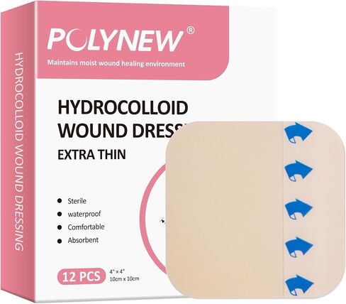 Polynew Thin Hydrocolloid Dressing 12 Pack Without Border 4" x 4" Hydrocolloid Patches, Adhesive Hydrocolloid Bandages, Wound Dressing in Saudi Arabia