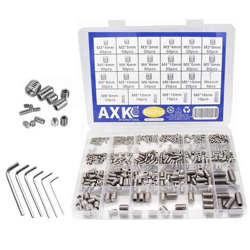 AXK 200PCS Set Grub Screw M3 M4 M5 M6 M8 Metric Thread Hex Allen Socket Head Cap Screw Bolt Hexagon Hex Drive Cup Point Screw Assortment Kit Set Alloy Steel (200PCS Alloy Steel) in Kuwait