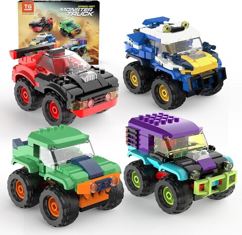 4 Pack Monster Truck Micro Brick Building Blocks Set, Pull Back Car Toy Vehicles Set, Birthday Party Favor or Gift for Teens Ages 8+ Kids in Kuwait