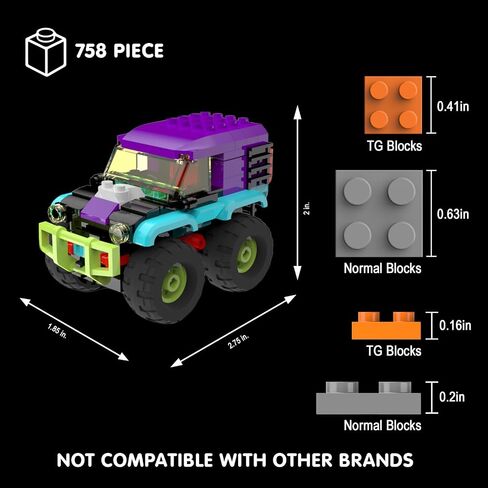 4 Pack Monster Truck Micro Brick Building Blocks Set, Pull Back Car Toy Vehicles Set, Birthday Party Favor or Gift for Teens Ages 8+ Kids in Kuwait