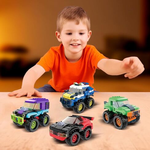 4 Pack Monster Truck Micro Brick Building Blocks Set, Pull Back Car Toy Vehicles Set, Birthday Party Favor or Gift for Teens Ages 8+ Kids in Kuwait