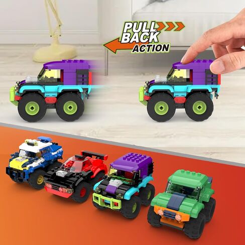 4 Pack Monster Truck Micro Brick Building Blocks Set, Pull Back Car Toy Vehicles Set, Birthday Party Favor or Gift for Teens Ages 8+ Kids in Kuwait