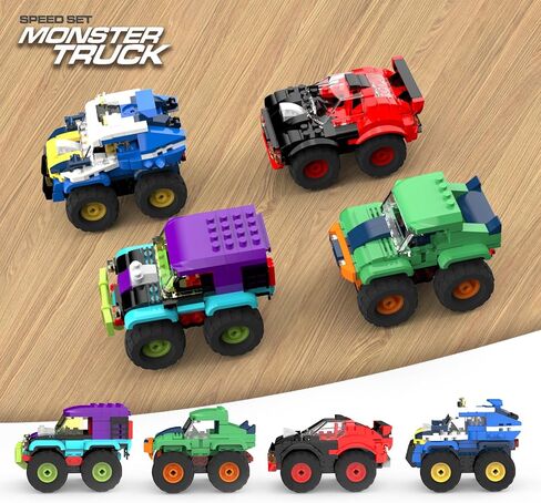 4 Pack Monster Truck Micro Brick Building Blocks Set, Pull Back Car Toy Vehicles Set, Birthday Party Favor or Gift for Teens Ages 8+ Kids in Kuwait