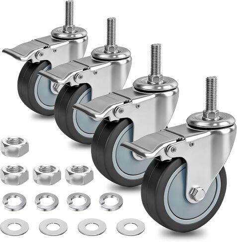 AAGUT 4 Inch Brake Stem Casters 1/2"-13x1-1/2", Swivel Stem Caster, Grey Wheel Industrial Castors Heavy Duty Replacement for Carts Set of 4 in Kuwait